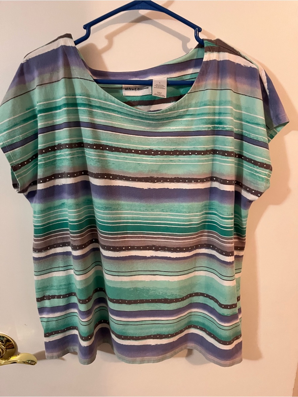 Alfred Dunner Mint, Teal & Purple Striped Short-Sleeve Tee Large